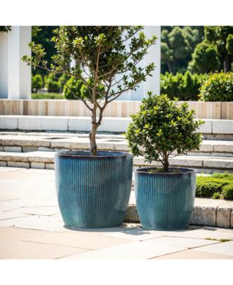 Forest Fade Ribbed Ceramic Planter, 11.8" Glossy Blue-Green Pot with Brown Rim