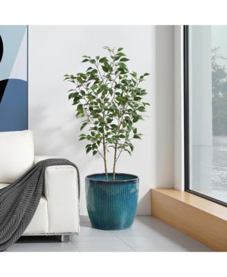 Forest Fade Ribbed Ceramic Planter, 11.8" Glossy Blue-Green Pot with Brown Rim