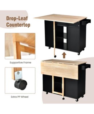 Drop-Leaf Rolling Kitchen Island Cart with Rubber Wood Top