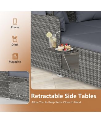 Patio Rattan Daybed Lounge Retractable Top Canopy Side Tables Cushions