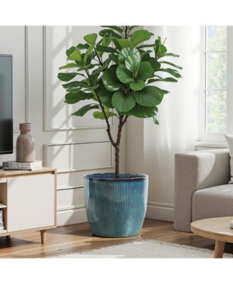 Forest Fade Ribbed Ceramic Planter, 15" Large Glossy Pot