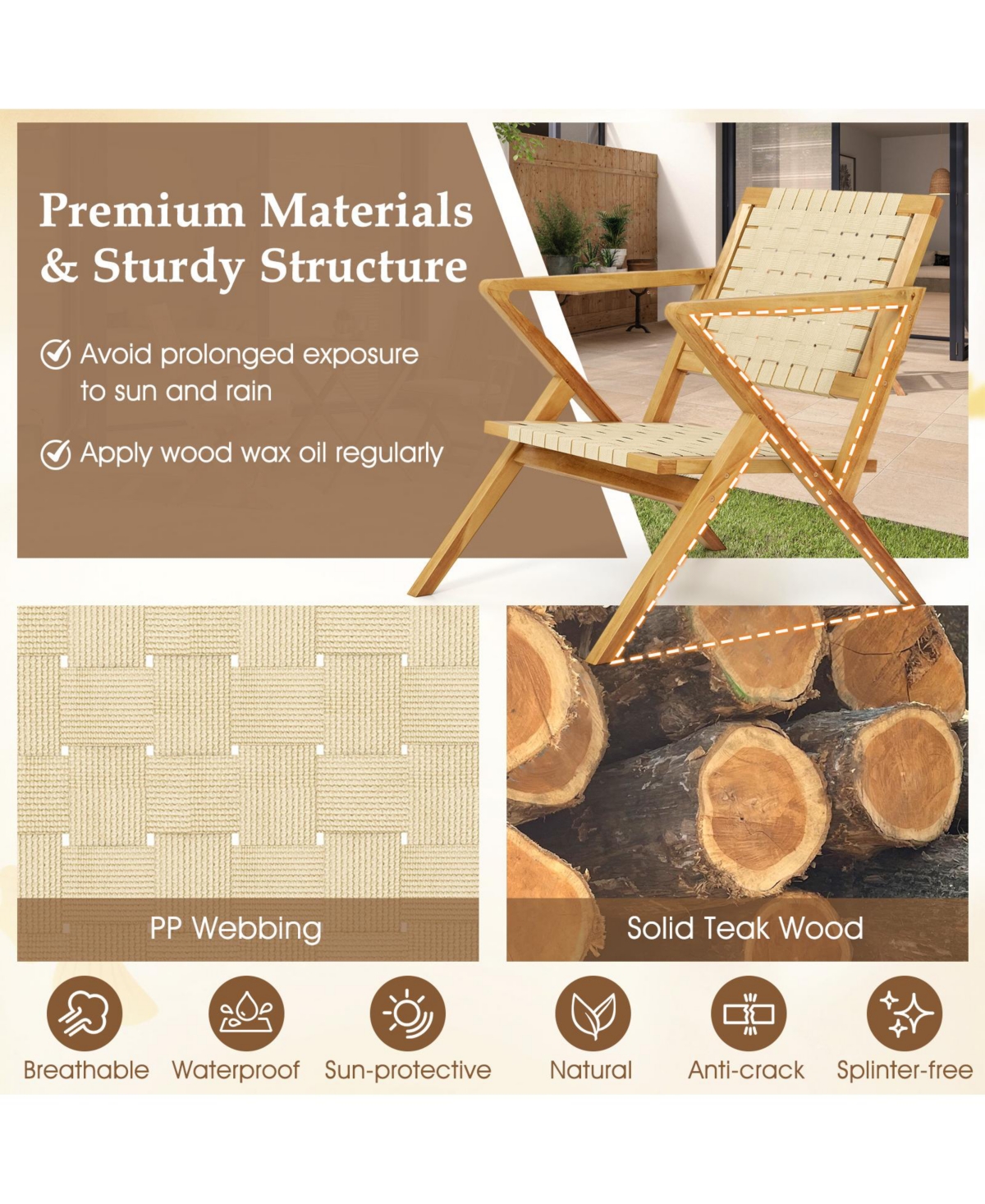 Gymax Teak Wood Patio Chair w/Webbing Seat & Backrest Mid-century Accent Chair