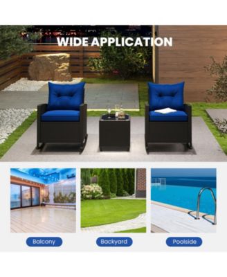 Set of 3 Wicker Rocking Set Tempered Glass Table Patio Outdoor