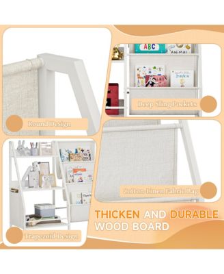 Kids Bookshelf and Toy Organizer - 3 Tier Wooden & Fabric Bookcase with Anti-Tip Kit for Playroom, Nursery, Classroom