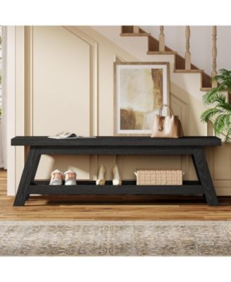 55" Wood Entryway Bench with Shoe Storage, Large 2-Tier Narrow Hallway Foyer Seating Bench