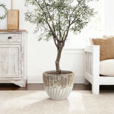 14" Dia Two Tone Ivory Large Round Plant Pots, Modern Indoor Outdoor Ceramic Planter for Living Room, Garden, Patio