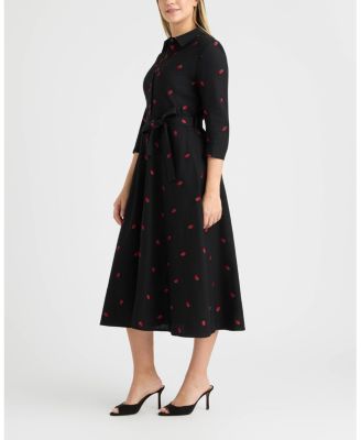 Women's Linen Belted Embroidery Detail Shirt Dress