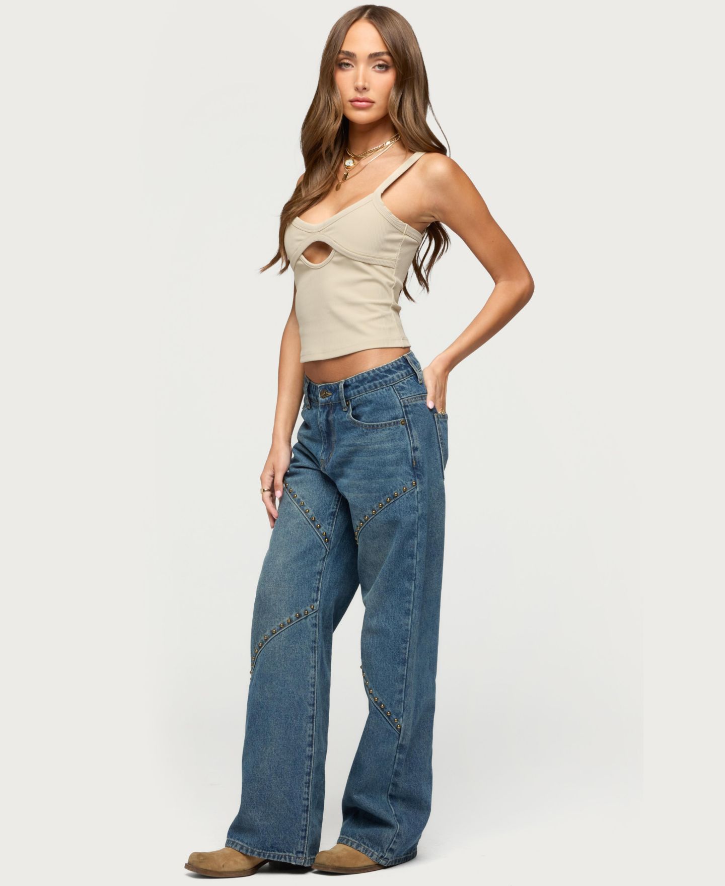 Женский топ Edikted Karin Cut Out Ribbed, цвет: Бежевый — фото 4
