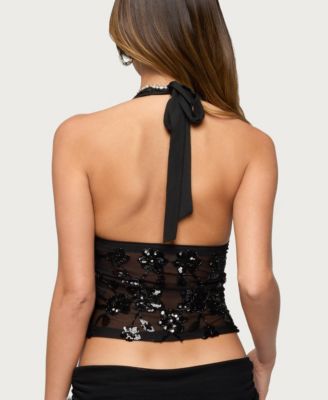 Women's Bead & Sequin Sheer Mesh Halter Top