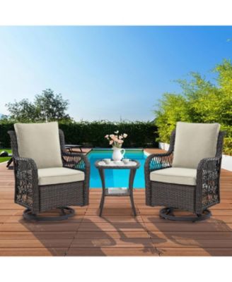 3-Piece Outdoor Patio Bistro Set - PE Wicker 360° Swivel Glider Chairs with Thick Cushions & Tempered Glass Table, Brown Rattan Furniture