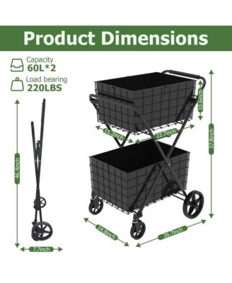 2 Layers Grocery Cart on Wheels, Extra Jumbo Foldable Shopping Cart with 2 Removable Baskets and Waterproof Liner for Camping