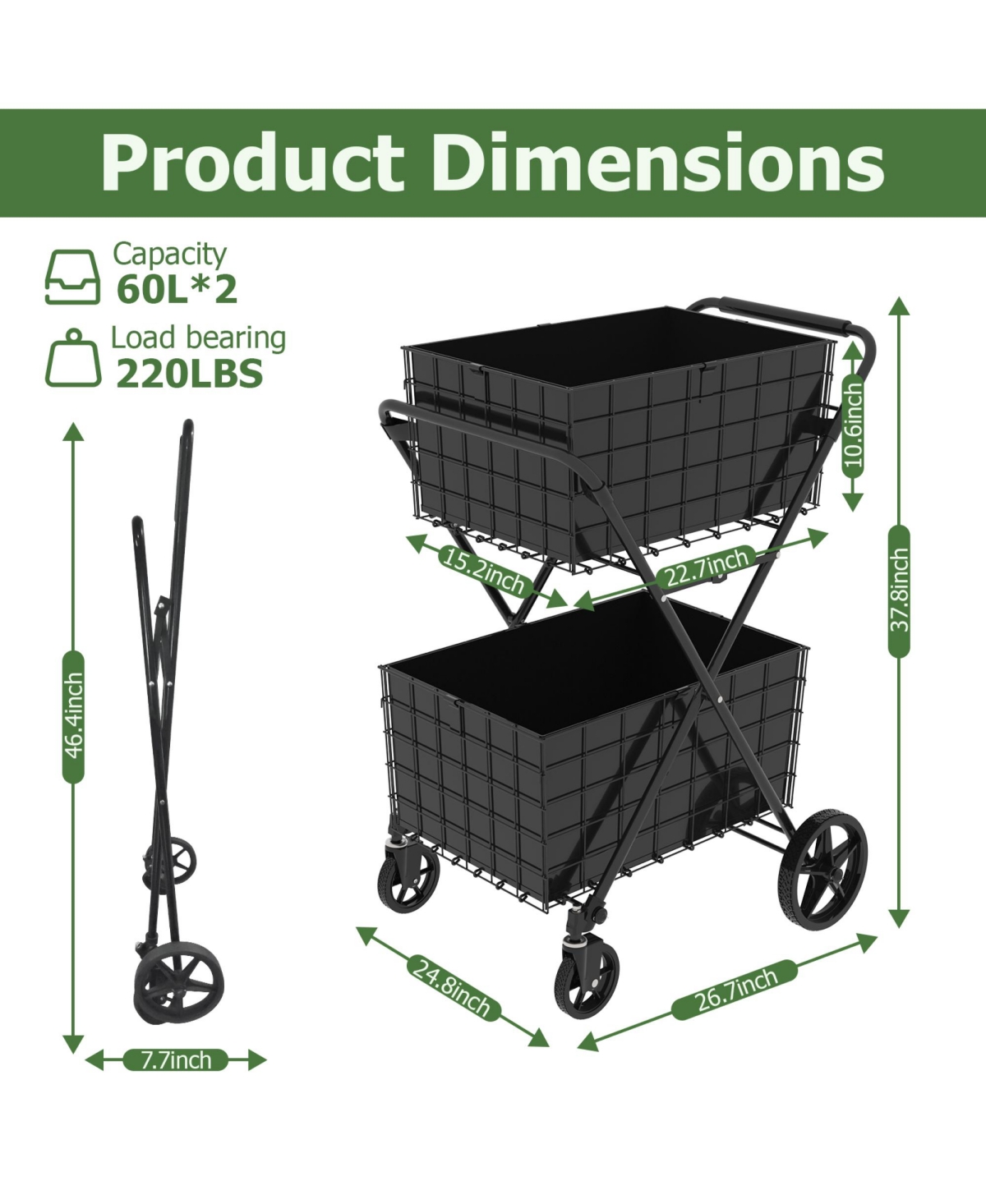 Rainsken 2 Layers Grocery Cart on Wheels, Extra Jumbo Foldable Shopping Cart with 2 Removable Baskets and Waterproof Liner for Camping