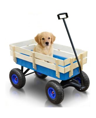 Heavy Duty Rolling Garden Wagon - Utility Cart with Wooden Side Panels, Air Tires Pulling and Wide Grip Handle for Grocery, Camping