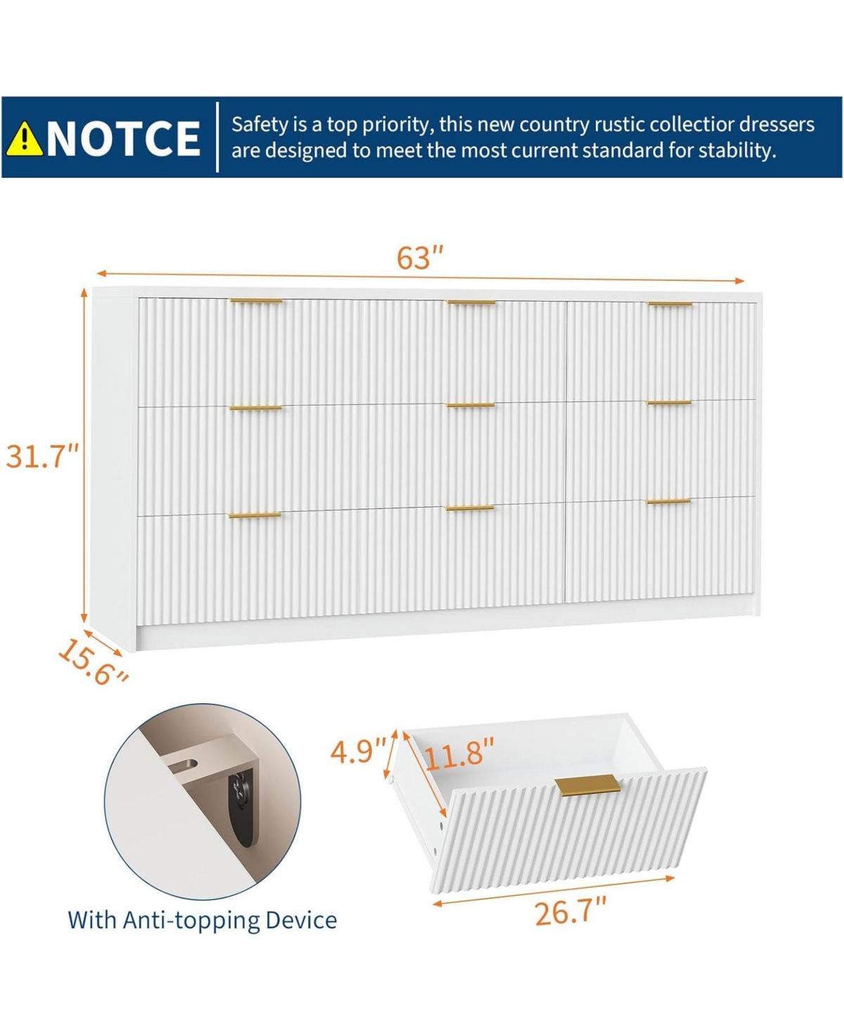 Gaomon 9 Drawer Dresser for Bedroom,Fluted Dresser with Smooth Slides, Modern Chest of Drawers with Golden Handles for Bedroom, Living Room
