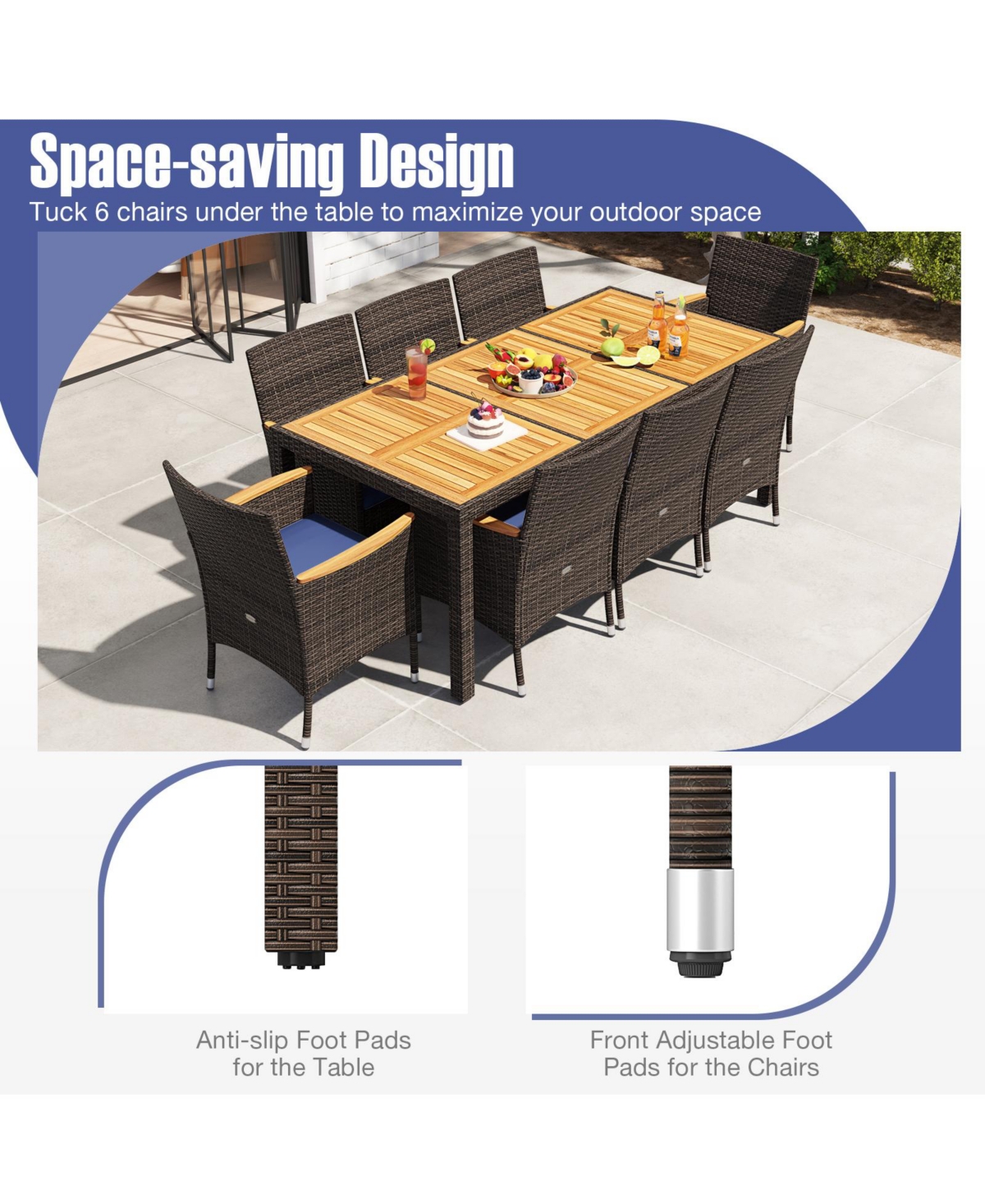 Gymax 9 Pieces Patio Pe Wicker Dining Set Outdoor Acacia Wood Table & Chairs