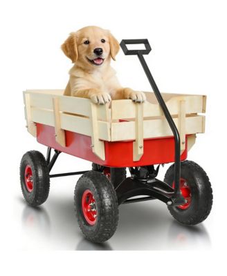 Heavy Duty Rolling Garden Wagon - Utility Cart with Wooden Side Panels, Air Tires Pulling and Wide Grip Handle for Grocery, Camping