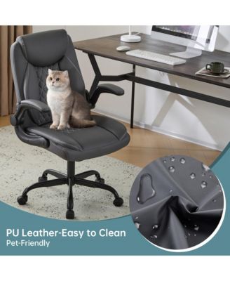 Ergonomic Leather Office Chair with Flip-Up Armrests, Lumbar Support, Swivel & Rocking – Home Office Desk Chair