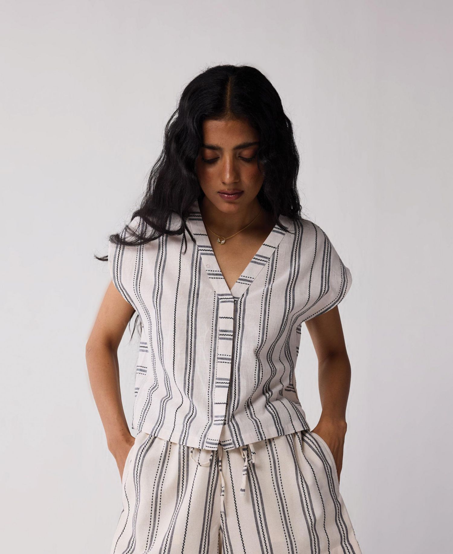 Women's Relaxed V-neck Top in Stripes