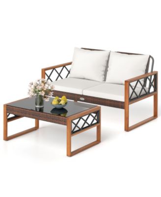 2 Pieces Patio PE Wicker Furniture Set Outdoor Acacia Wood Loveseat for Porch