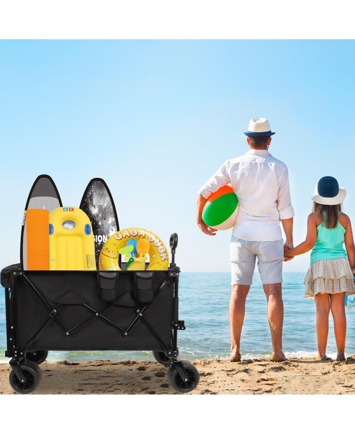 Rainsken Foldable Wagon, Heavy Duty Extra Long Extender Wagon Cart with All-Terrain Beach Wheels, 480 Lbs Capacity for Beach, Camping and Gardening