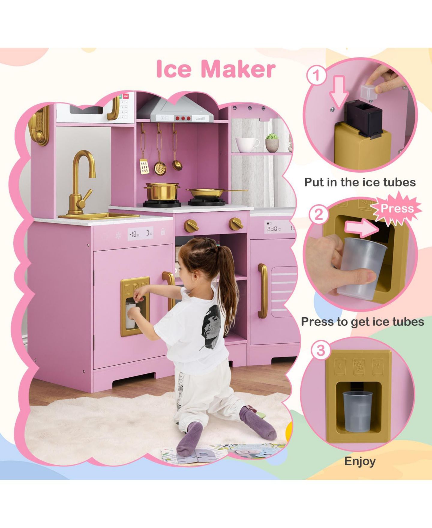 Детский игровой набор Mecale Lights & Sounds Wooden Play Kitchen Playset, Ages 3+, цвет: Розовый — фото 8