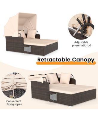 Patio Rattan Daybed Lounge Retractable Top Canopy Side Tables Cushions for Outdoor