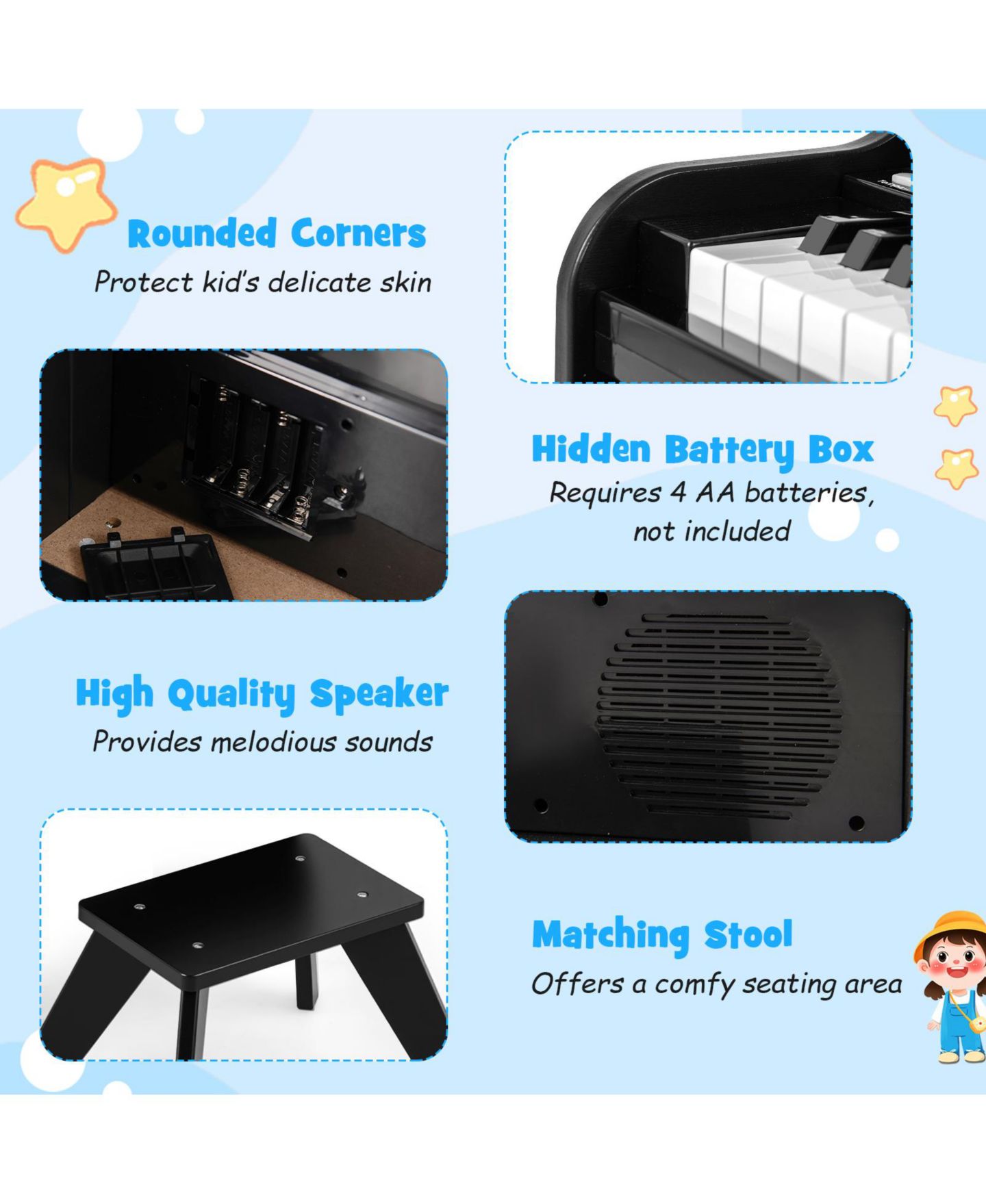 Детские игрушки Mecale 25-Key Kids Piano Keyboard Interactive Lighted Keys 3-Piece Music Kit, Ages 3+, цвет: Чёрный — фото 6