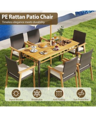 Patio Dining Chair 2 PCS w/Cushion Wood Armrests Metal Frame for Garden