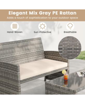 4PCS Patio Outdoor Conversation Set w/Seat Cushions & Tempered Glass Tabletop