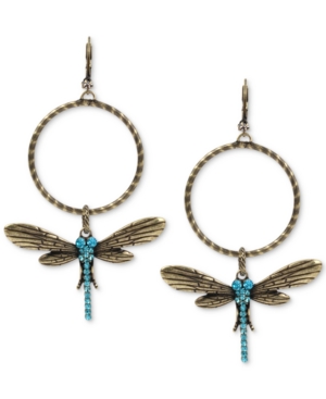 image of Betsey Johnson Extra Large Gold-Tone Blue Crystal Dragonfly Gypsy Hoop Earrings