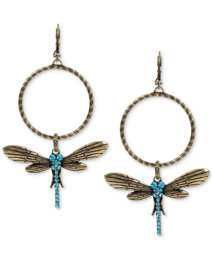 Betsey Johnson - Gold-Tone Blue Crystal Dragonfly Gypsy Hoop Earrings
