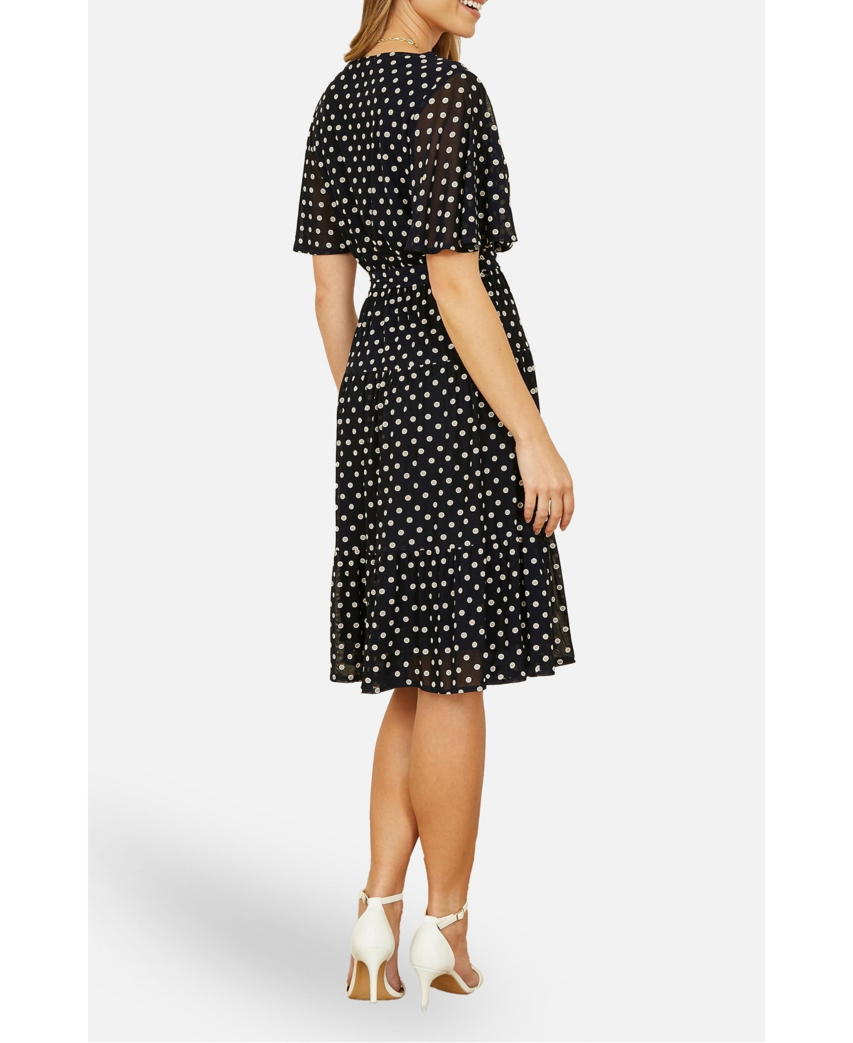 Yumi Women's Dot Print Mesh Stretch Midi Skater Dress