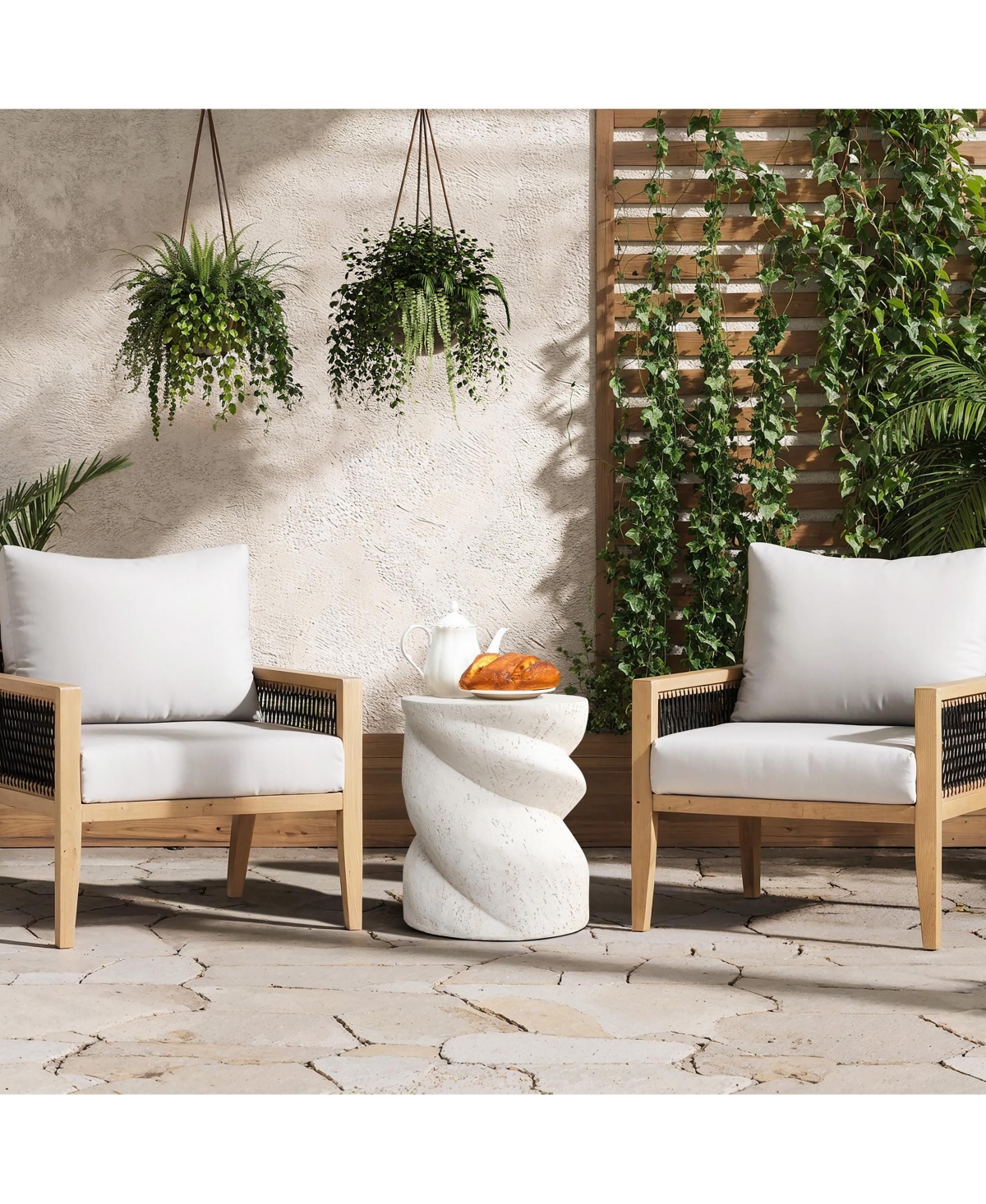 LuxenHome Distressed Round Spiral Outdoor Side Table, 19” MgO Patio Accent