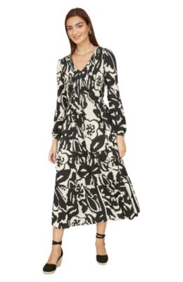 Women's Abstract Print Ruched V-Neck Midi Dress