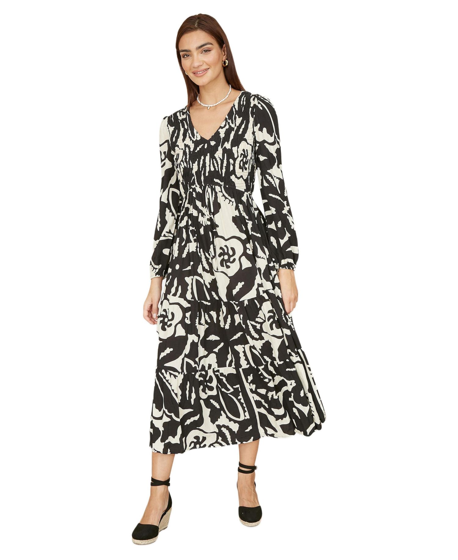 Women's Abstract Print Ruched V-Neck Midi Dress