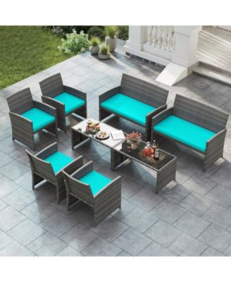 8PCS Patio Outdoor Conversation Set w/Seat Cushions & Tempered Glass Tabletop