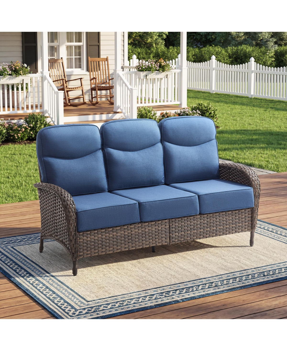 Gymojoy 3-Seat Brown Pe Wicker Outdoor Couch with Olefin Cushions