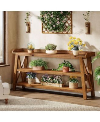 3-Tier Solid Wood Console Table with X-Shaped Frame, 63-Inch Farmhouse Entryway Table, Sofa Console Behind Couch
