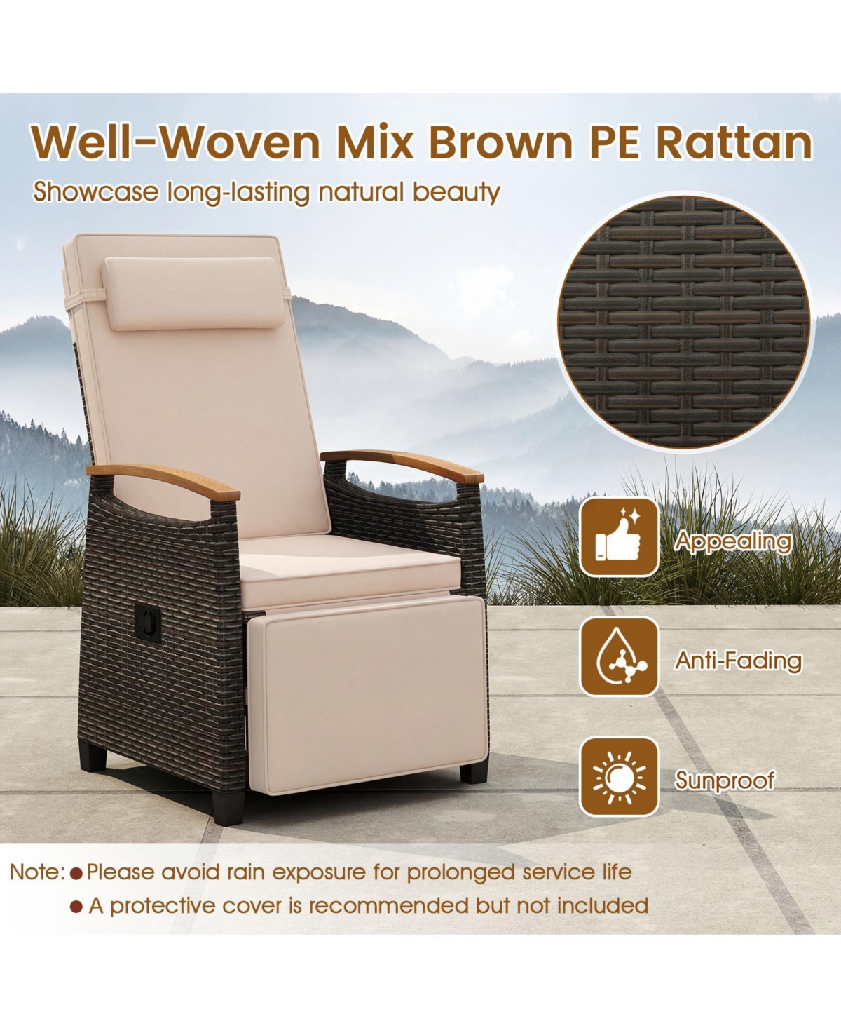 Gymax Outdoor Wicker Recliner Chair Rattan Lounge Chair w/ Adjustable Backrest&Footrest Patio
