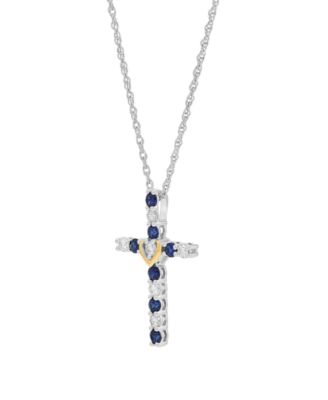 Created Sapphire (3/8 ct. t.w.) & Created White Sapphire (1/3 ct. t.w.) Cross Pendant Necklace in 14k Yellow Gold-Plated Sterling Silver