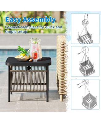 2 PCS Outdoor PE Rattan Side Table with Umbrella Hole Square Patio End Table