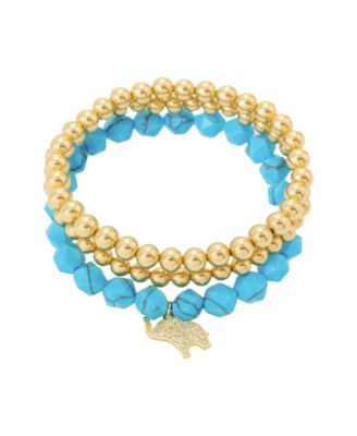 Blue Turquoise and Cubic Zirconia Elephant Pendant Trio Stretch Bracelet Set