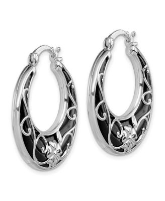 Sterling Silver Rhodium-Plated Black Onyx Filigree Boho Hoop Earrings
