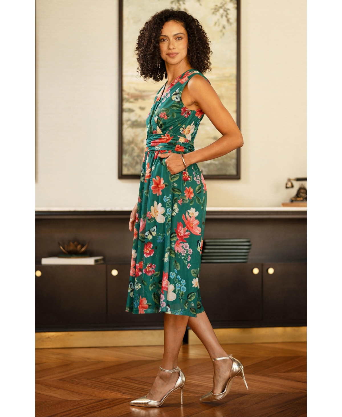 Yumi Women's Floral Print Mesh Stretch Midi Dress