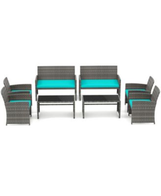Set of 8 Patio Conversation Set w/Seat Cushions & Tempered Glass Tabletop Porch