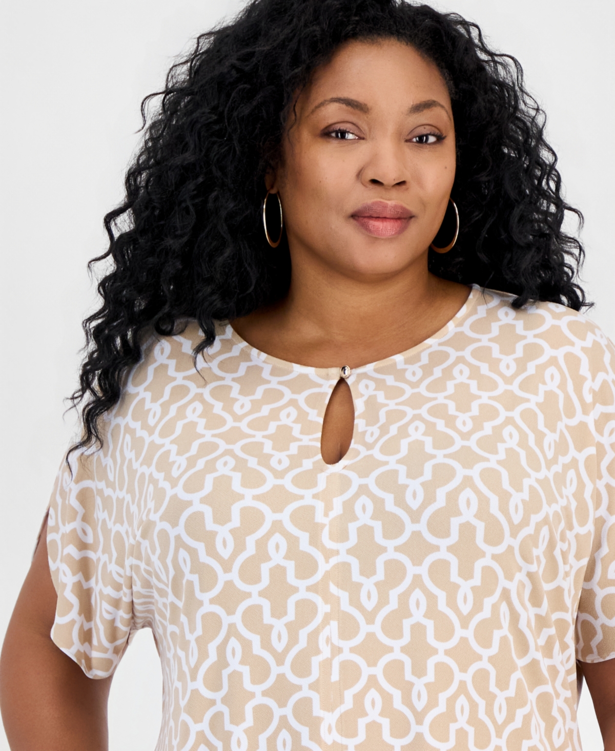 Jm Collection Plus Lattice-Print Keyhole Dolman-Sleeve Top, Macy's Exclusive