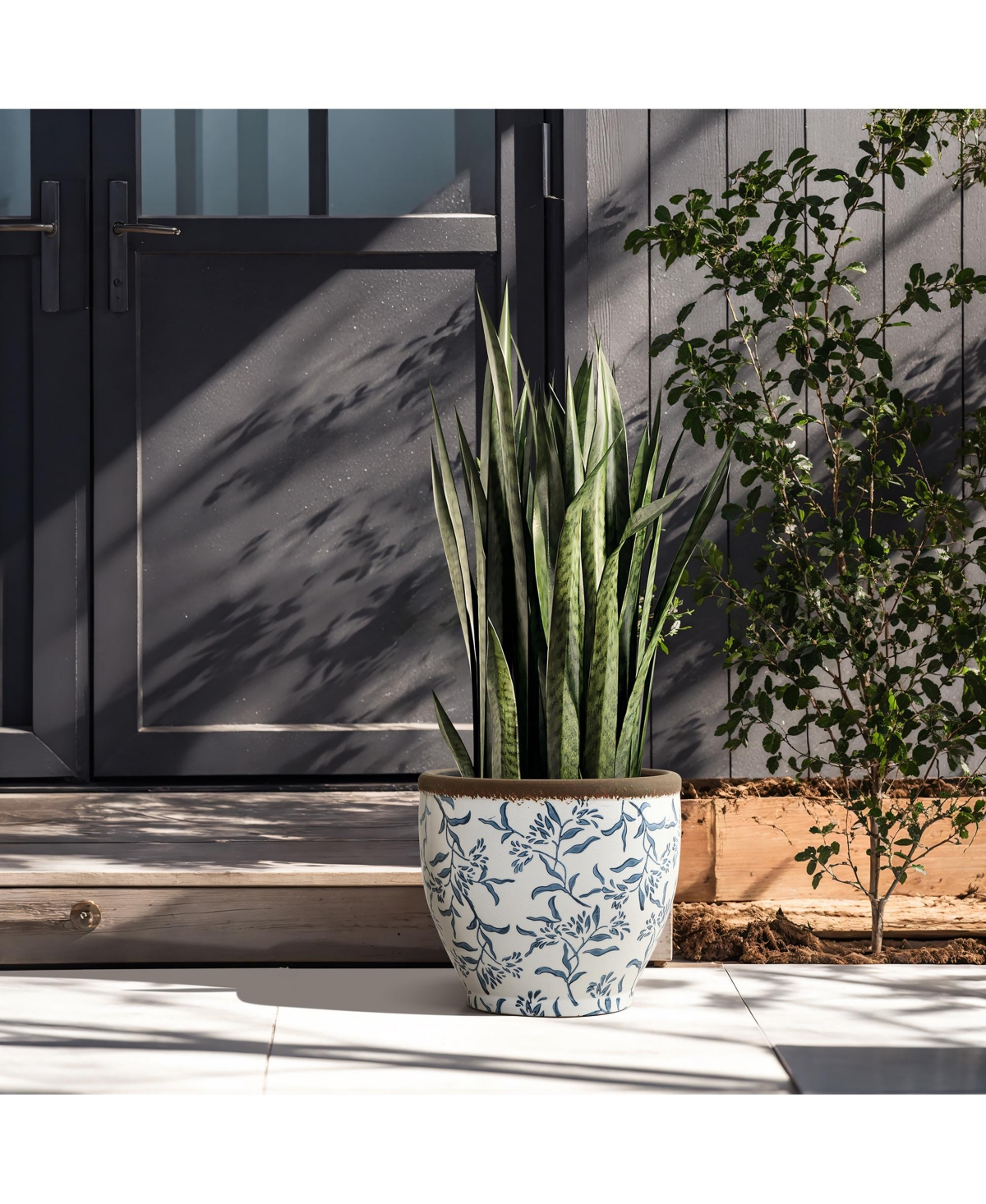 LuxenHome Blue Floral Ceramic Planter, 12.2" Round, Indoor & Outdoor Garden Pot