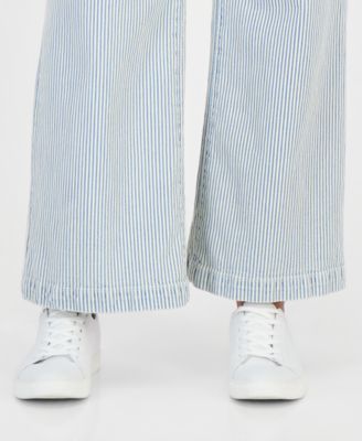 Petite Engineer-Stripe Pull-On Wide-Leg Jeans