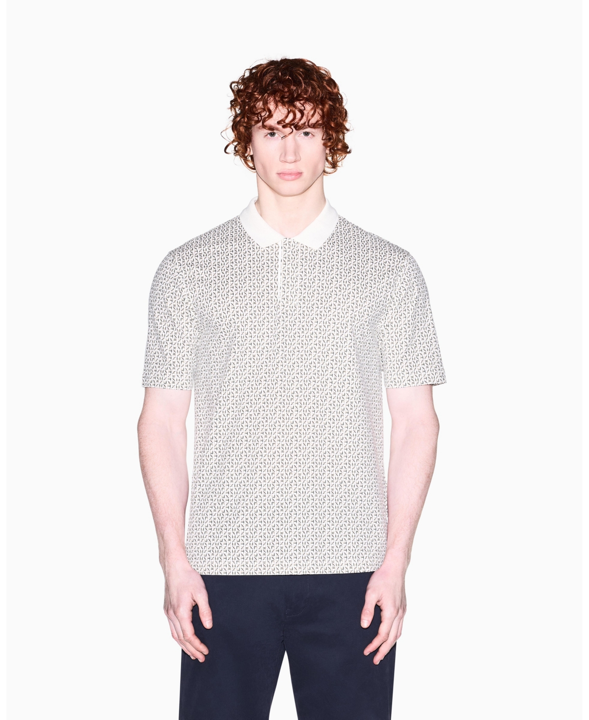 A|X Armani Exchange Men's Short Sleeve Pique Allover logo Print Polo Shirt - Cream Print