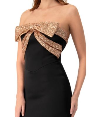 Women's Long Strapless Dress with Sequin Bow
